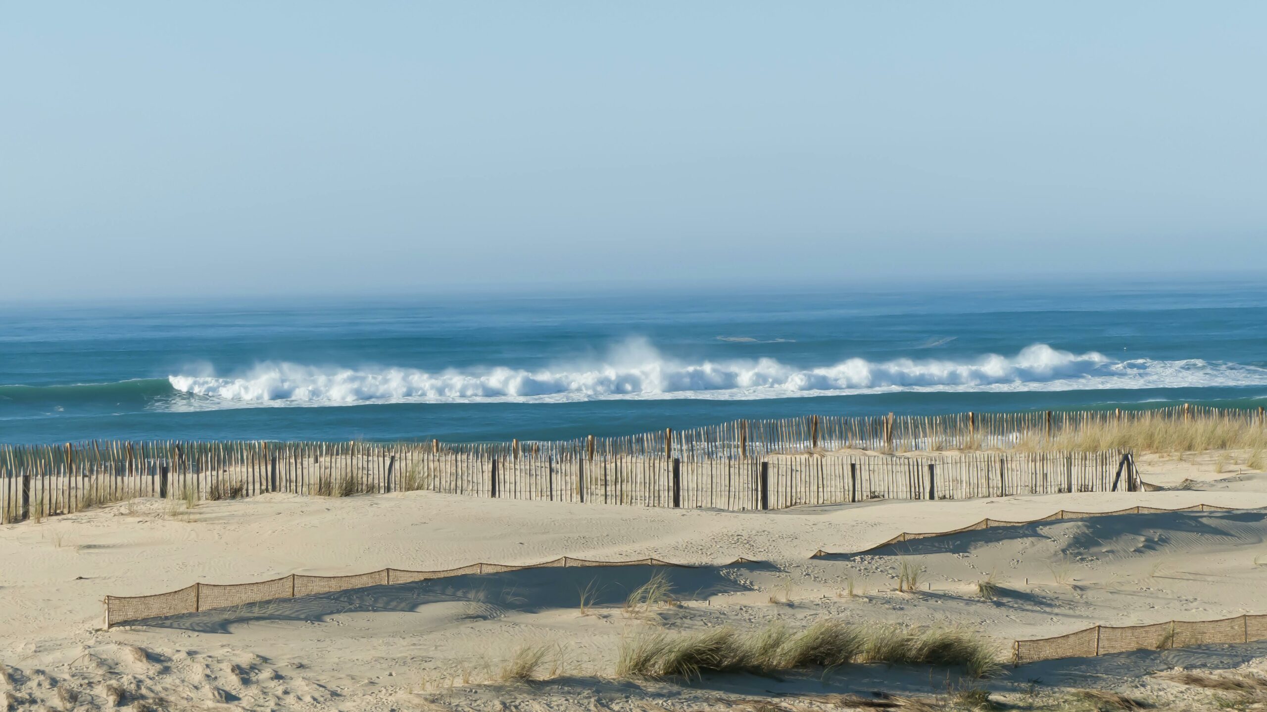 Tranquil beach scene featuring ocean waves crashing onto sandy dunes with wooden fences under a blue sky.