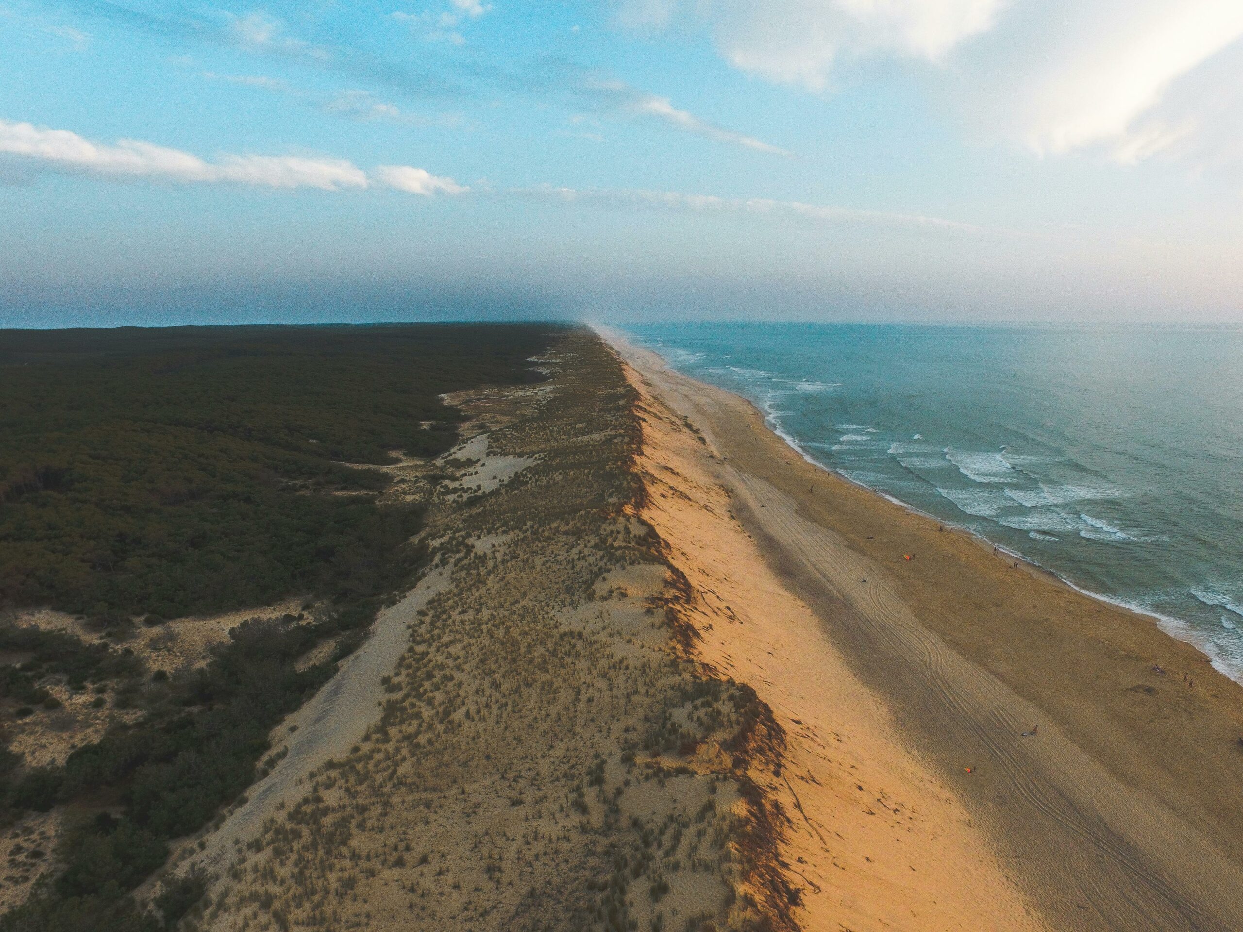 Aerial view capturing the vast expanse of a sandy beach meeting the tranquil ocean under a vibrant sky.